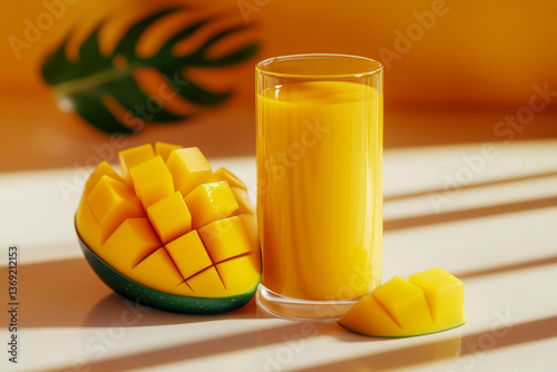 Obraz na płótnie Close-up of a glass of mango juice with a cut mango on a table, with strong shadows and highlights indicating a bright light source. w salonie