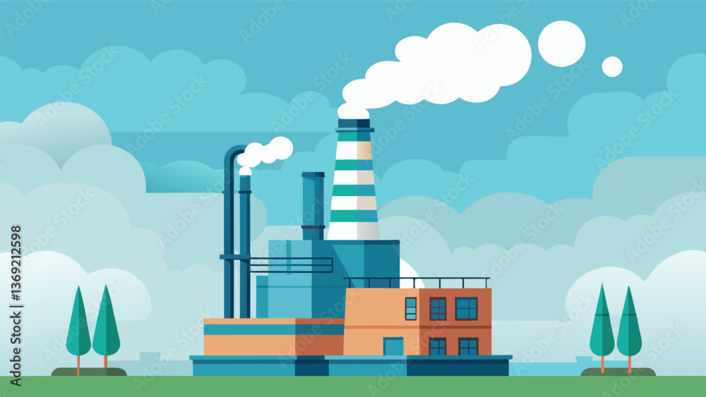 A towering exhaust stack at a paper mill releases steam into the sky as heat recovery steam generators convert waste heat from the pulp digester into. Vector illustration