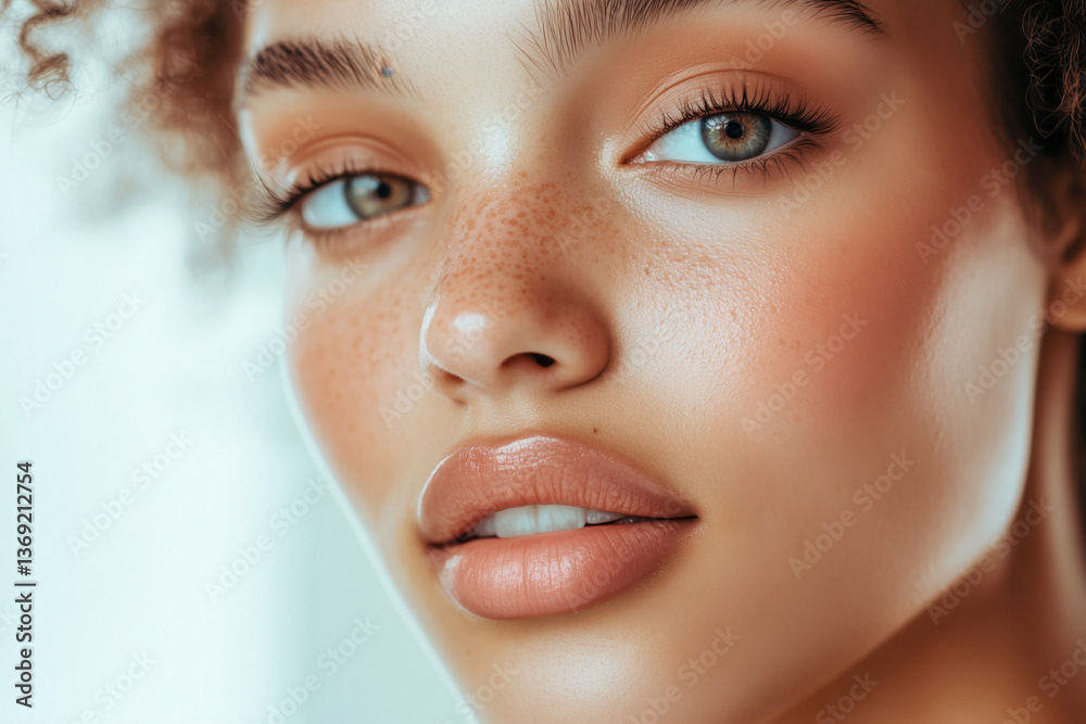 Close-up of a young woman with light brown skin, freckles, and light-colored eyes, looking directly at the camera.