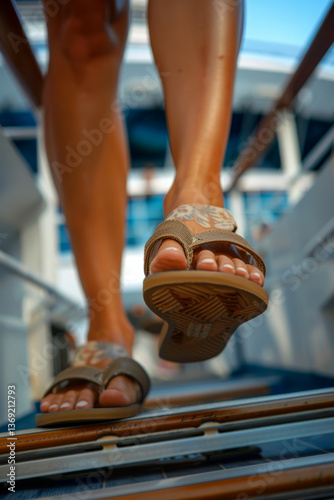 A close-up view captures sandaled feet stepping on a boat gangway under bright daylight.