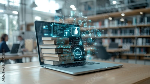 A laptop computer situated on a desk in a modern library environment showcasing a digital interface with various data visualization elements symbolizing the intersection of technology information