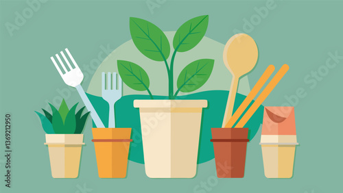 A variety of plantbased and compostable dining alternatives such as bamboo utensils and paper straws for those looking to reduce their plastic waste.. Vector illustration