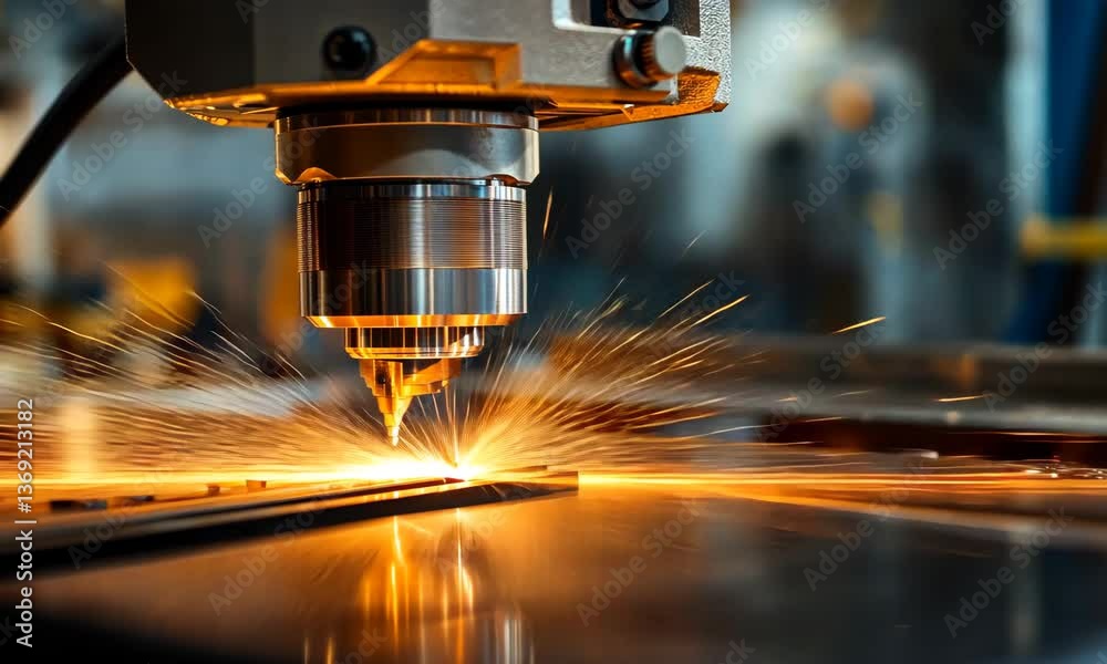 Precision Laser Cutting Machine Creating Sparks in Industrial Workshop During Metal Fabrication Precision Laser Cutting Machine Creating Sparks in Industrial Workshop During Metal Fabrication