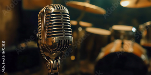 Close-up of a vintage microphone with a blurred drum set in the background.