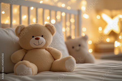 Obraz na płótnie Close-up of a teddy bear sitting on a crib, with blurred fairy lights in the background. w salonie