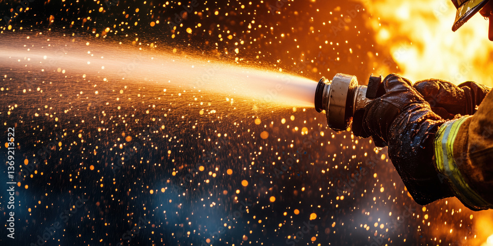 Close-up of a firefighter spraying water from a hose, with sparks flying in the air.