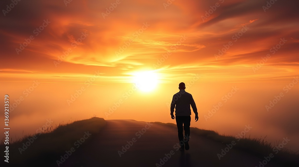 silhouette of a person walking toward a glowing sunset, representing life goals, personal growth, hope, ambition, and a journey of success silhouette of a person walking toward a glowing sunset, representing life goals, personal growth, hope, ambition, and a journey of success