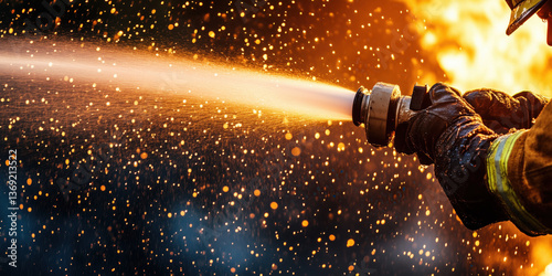 Obraz na płótnie Close-up of a firefighter spraying water from a hose, with sparks flying in the air. w salonie