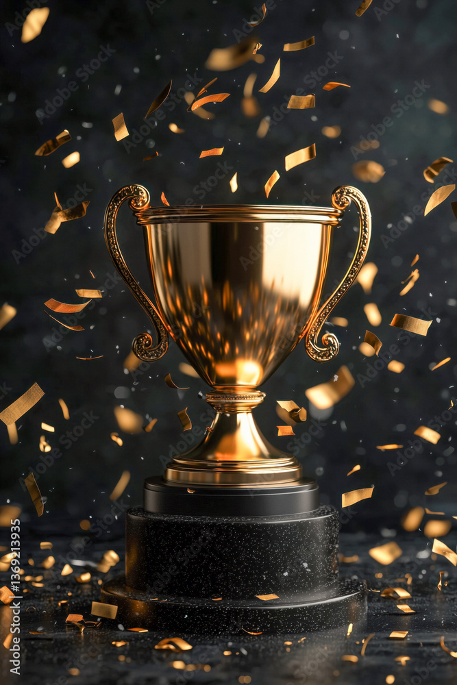 Close-up of a golden trophy cup with confetti falling around it, against a dark background.