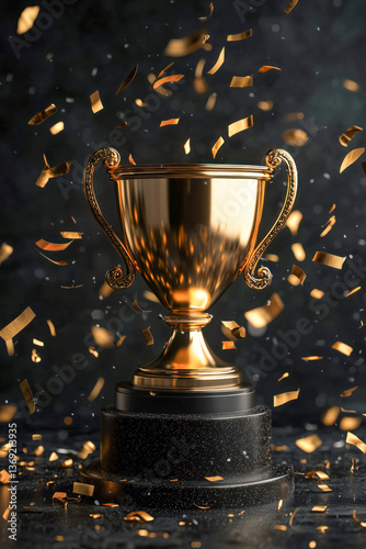 Obraz na płótnie Close-up of a golden trophy cup with confetti falling around it, against a dark background. w salonie
