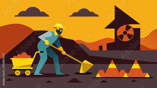 A solitary figure operating large machinery scooping up soil in search of the radioactive ore.. Vector illustration