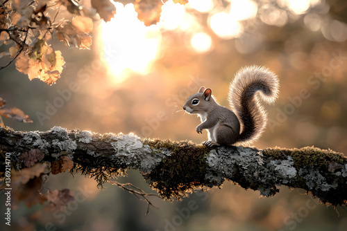 Gray Squirrel on Mossy Branch at Sunset