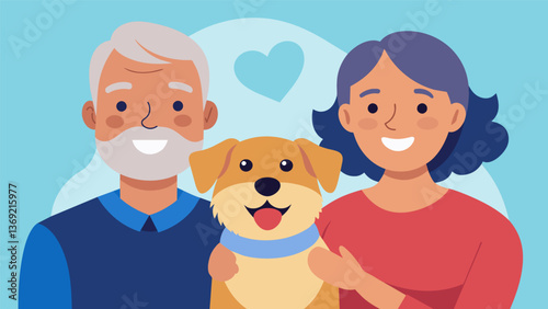 An older couple smiling with pride as they tell their grandchildren the story of how they adopted their beloved rescue dog who has brought so much. Vector illustration