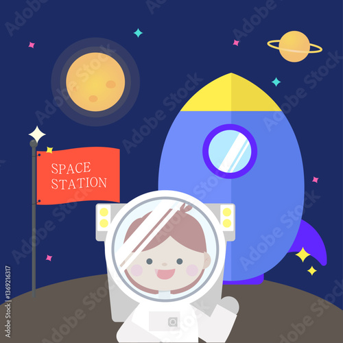 Flat illustration. Set of design illustrations of astronauts in spacesuits greeting each other on space station. Vector illustration.