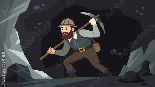 A worn and weathered coal miner wielding a pickaxe braves the depths of a dark coal mine in search of treasure.. Vector illustration