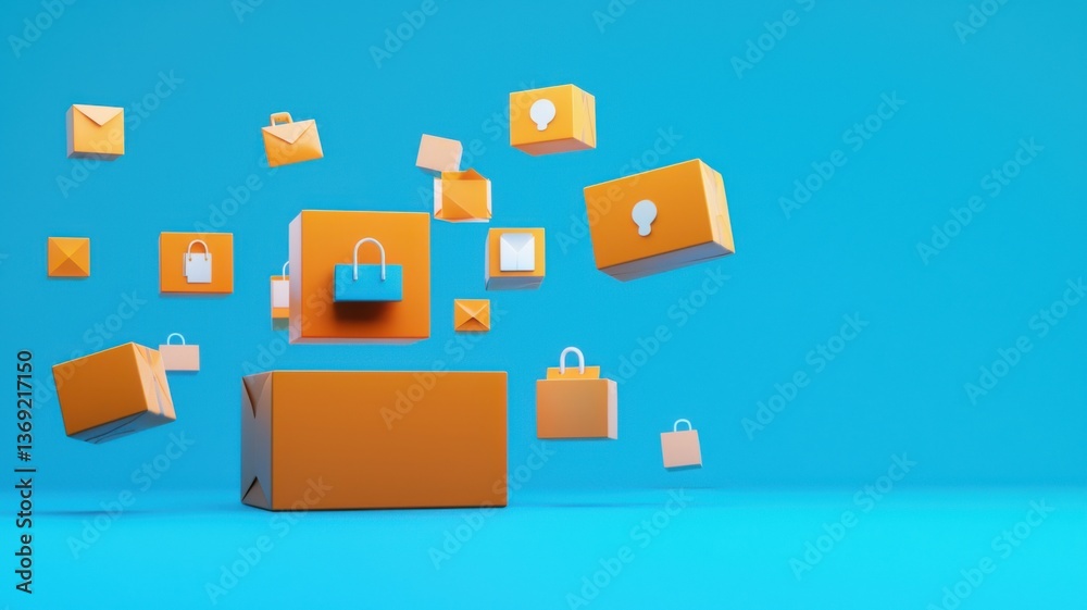 A vibrant scene featuring floating orange boxes with various icons against a blue background, suggesting themes of communication and security. A vibrant scene featuring floating orange boxes with various icons against a blue background, suggesting themes of communication and security.