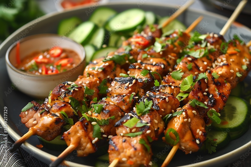 Indonesian tempeh satay skewers plated with peanut sauce swirl, cucumber ribbons and pickled Indonesian tempeh satay skewers plated with peanut sauce swirl, cucumber ribbons and pickled