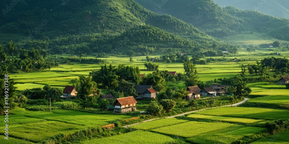 Fototapeta premium Lush green landscape with rice fields and village nestled in the mountains.