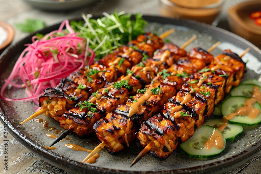Indonesian tempeh satay skewers plated with peanut sauce swirl Indonesian tempeh satay skewers plated with peanut sauce swirl
