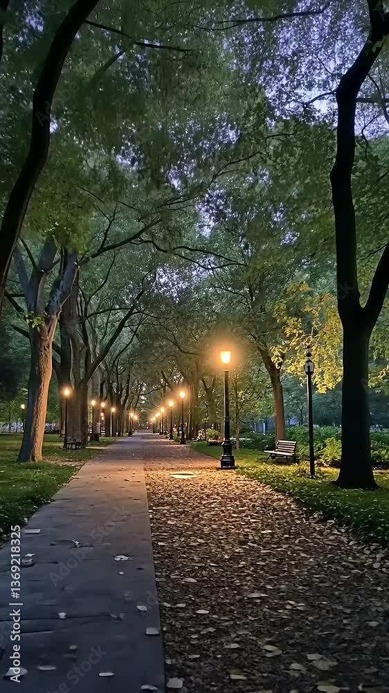 Serene evening stroll through a tranquil park lined with illuminated trees and pathways