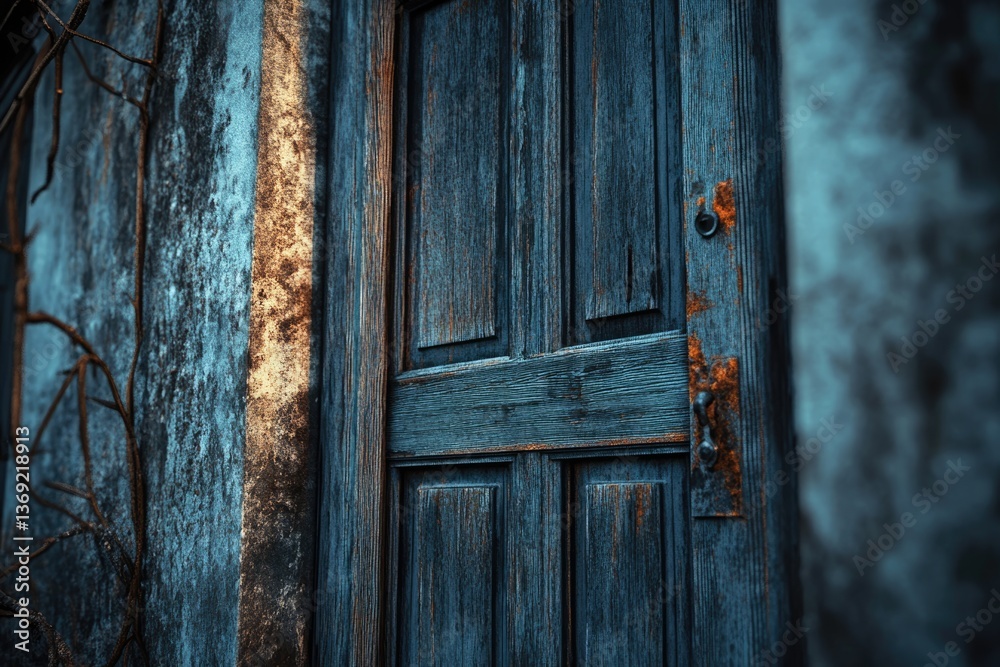Old, weathered teal door with rusty hinges and peeling paint on an aged wall. Old, weathered teal door with rusty hinges and peeling paint on an aged wall.