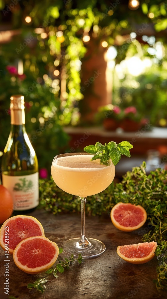 Refreshing Grapefruit Cocktail with Mint and Bubbles in Garden Setting Refreshing Grapefruit Cocktail with Mint and Bubbles in Garden Setting