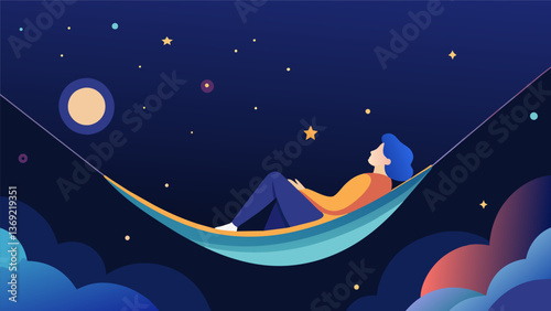 A quiet night spent alone listening to the distant hum of the universe and marveling at the vastness of it all from the comfort of a hammock.. Vector illustration