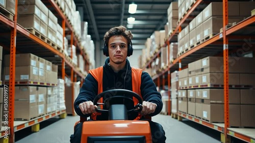 Warehouse worker: A warehouse worker navigating the storage space on a machine, wearing headphones, amid neat rows of cardboard boxes, symbolizing efficiency and work.