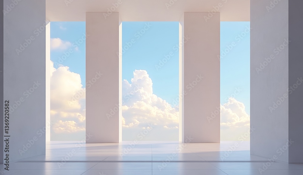 Modern minimalist interior with panoramic sky view Modern minimalist interior with panoramic sky view
