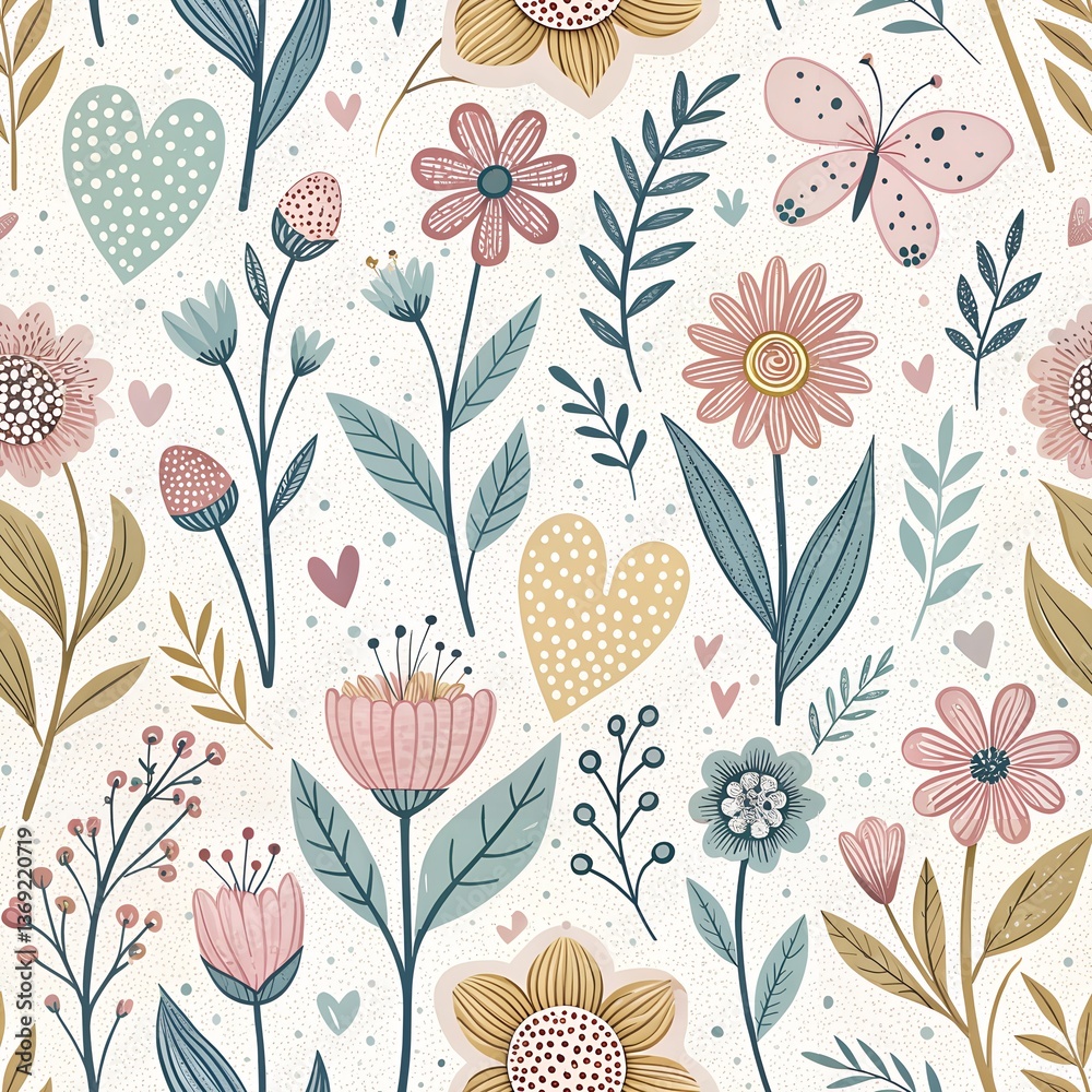 Seamless pattern background with spring floral elements in simple flat hand drawn style in line. Cute vector background. Flowers, hearts. Easter, 8 march wallpaper, textile design, digital paper
Seamless pattern background with spring floral elements in simple flat hand drawn style in line. Cute vector background. Flowers, hearts. Easter, 8 march wallpaper, textile design, digital paper
