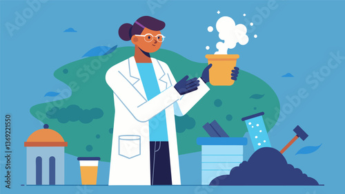A scientist in a lab coat inspecting a sample of ane gas collected from a landfill making notes on its purity and potential uses.. Vector illustration
