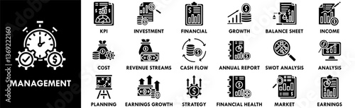 Management icon collection set. Containing design business, technology, strategy, project, office, work, planning