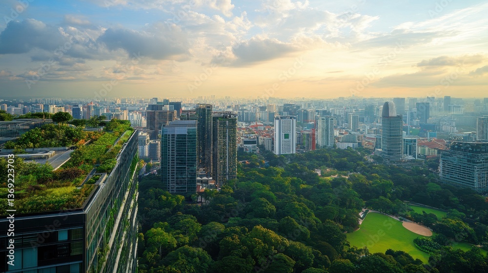 Obraz premium A panoramic view of a city skyline with greenery and a golf course at sunset.
