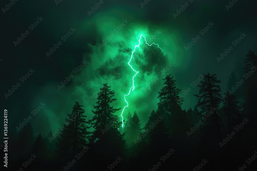 Fototapeta premium A vibrant green lightning bolt strikes through a dark, misty forest at night.