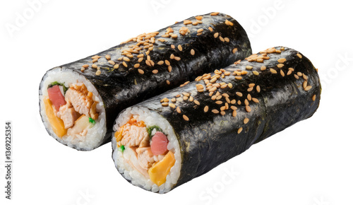 delicious kimbap rolls with chicken and sesame seeds, isolated