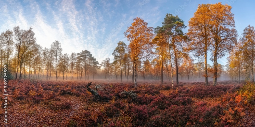 Fototapeta premium A serene autumn landscape with mist, vibrant trees, and colorful foliage.