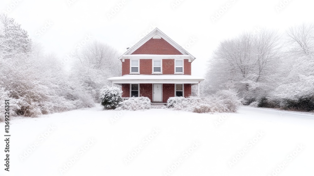 A cozy red brick home, blanketed in snow. Tranquil winter scene A cozy red brick home, blanketed in snow. Tranquil winter scene