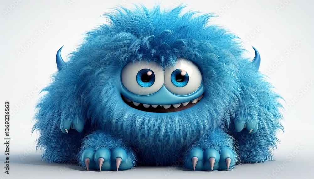 Obraz premium A 3D rendered of a blue hairy monster on top, isolated against white background; 