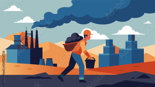 Against a backdrop of a smoky industrial landscape a coal collector carries a heavy load on their back.. Vector illustration