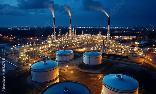 Illuminated Oil Refinery at Night with Blue Storage Tanks and Smoking Chimneys Under a Dark Blue Sky