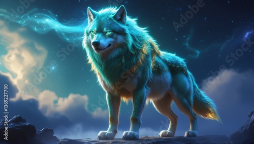 powerful epic legendary wolf with glowing face in universe spiritual animal awakening concept magical fantasy epic wallpaper, AI Generative photo