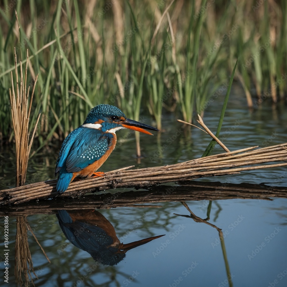 Fototapeta premium A stunning blue kingfisher perched on a reed near a tranquil lake.