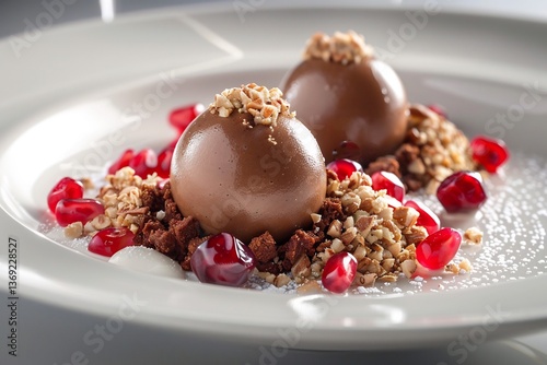 Georgian Lobio gourmet red bean pure in quenelle form, with fresh coriander oil, walnut crisp and pomegranate