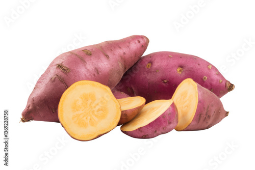 sweet potato pile, cut and whole, on white background