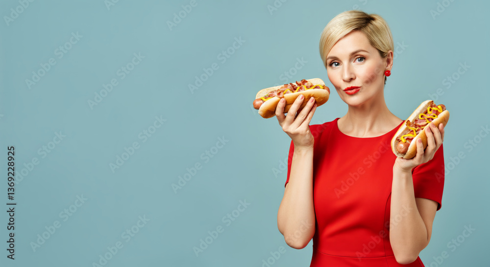 Blonde caucasian adult female enjoying hot dogs against blue background Blonde caucasian adult female enjoying hot dogs against blue background