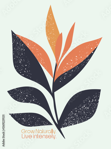 Graphic style illustration of a stylized plant with lettering alluding to nature.