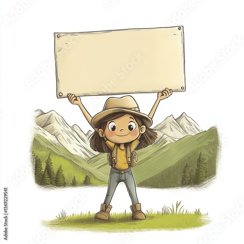 little girl with ranger hat holding cream banner, watercolor