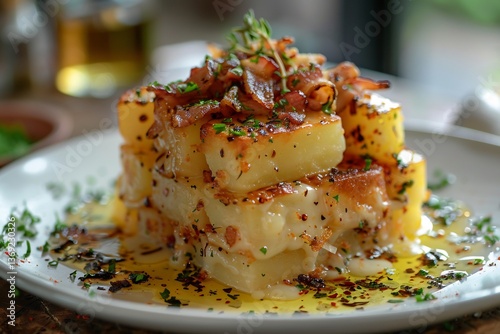 French Tartiflette plated as cheese potato cube tower with bacon crisp and onion