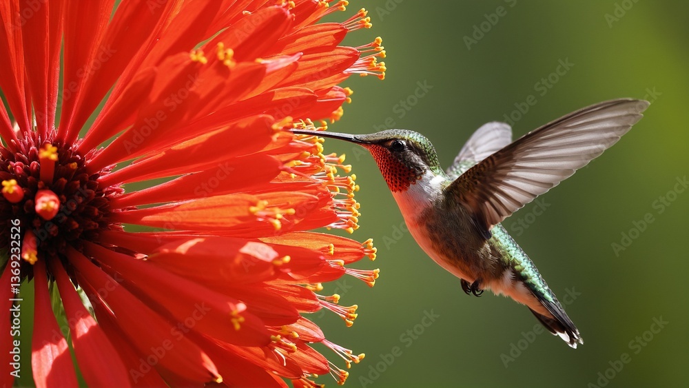 Fototapeta premium A Ruby-Throated Hummingbird Gracefully Feeds on Nectar from a Vibrant Red Flower in a Lush Garden Setting.