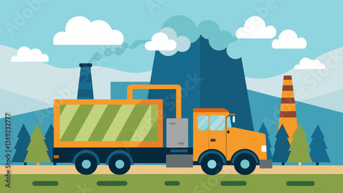 A specialized truck equipped with vacuum suction technology removes coal ash from a power plant and transports it to a designated storage facility.. Vector illustration